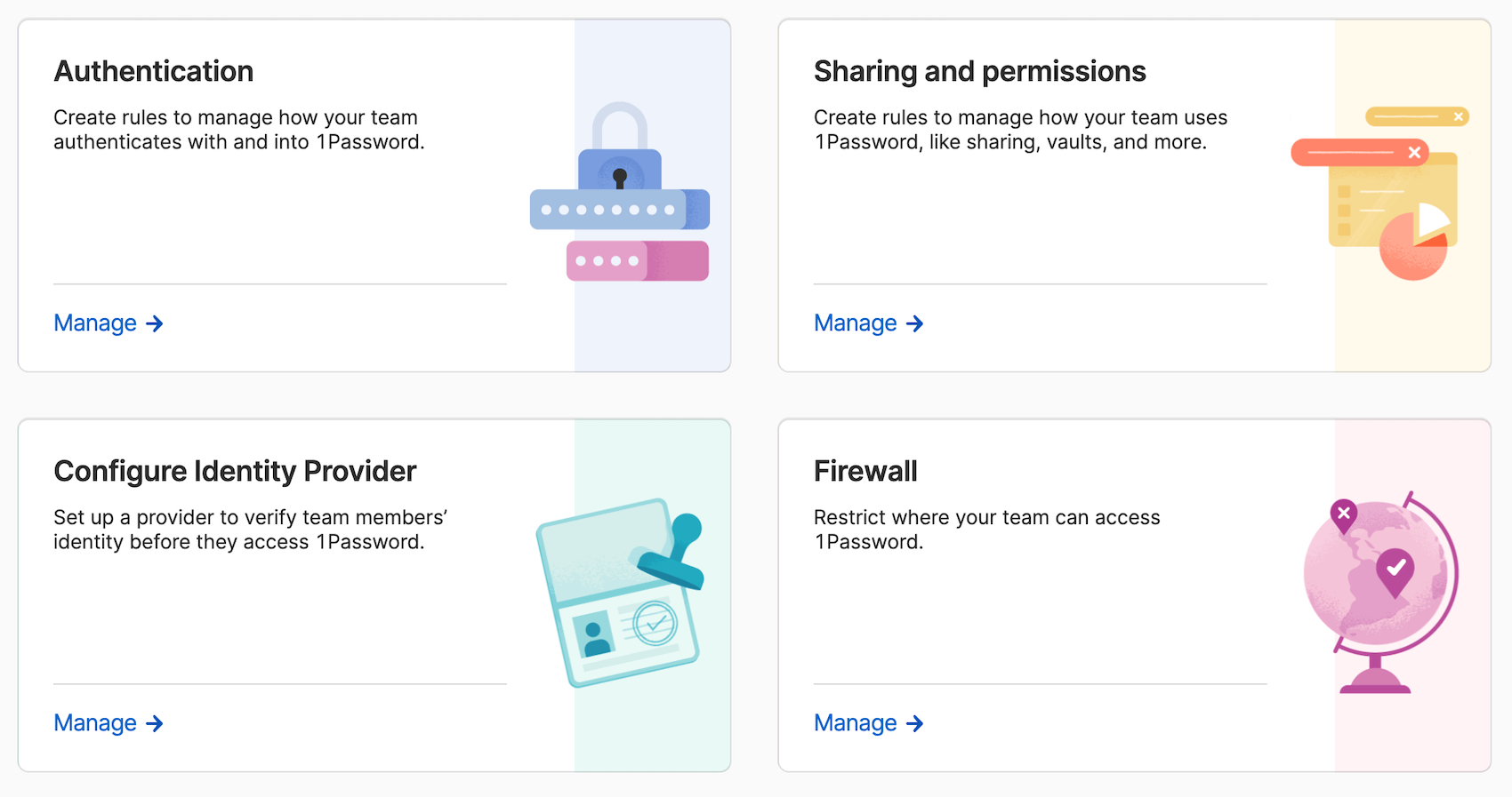 The policies available in 1Password Business.